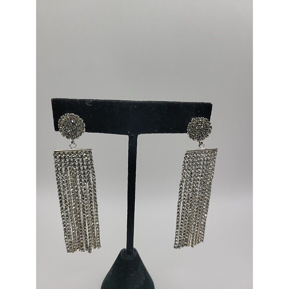 Vintage Silver Tone Rhinestone Tassel Fringe Dangle Earrings Glam Cocktail - Picture 4 of 12